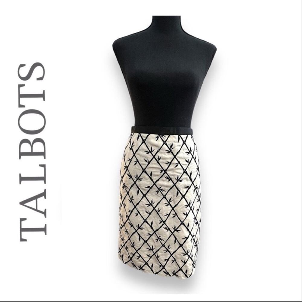 TALBOTS Vintage Ivory and Black Bamboo Embroidered A Line Skirt SZ 6
